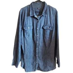 Talbots Woman Denim Top Plus Size Dark Wash Full Figured Casual Shirt Collar